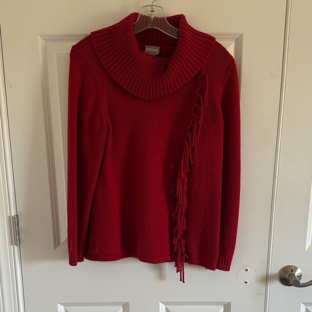 Chico's Vibrant Red Cowl Neck Sweater with Fringe Size 1